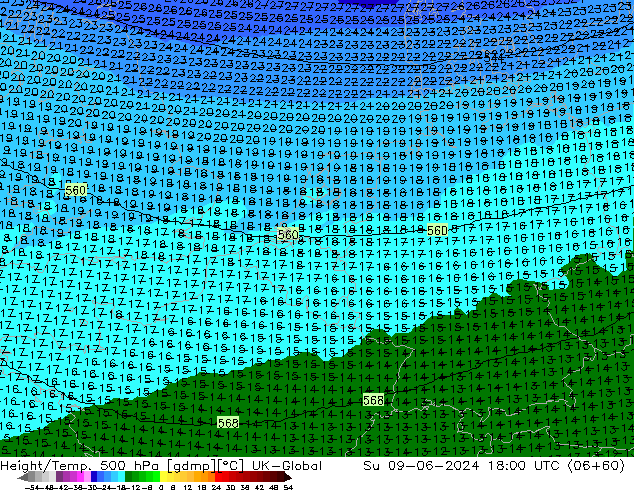 Height/Temp. 500 hPa UK-Global dom 09.06.2024 18 UTC