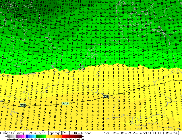 Height/Temp. 700 hPa UK-Global Sa 08.06.2024 06 UTC