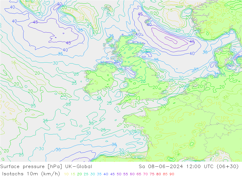 Isotachs (kph) UK-Global sab 08.06.2024 12 UTC