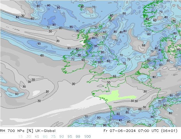 RH 700 hPa UK-Global Fr 07.06.2024 07 UTC