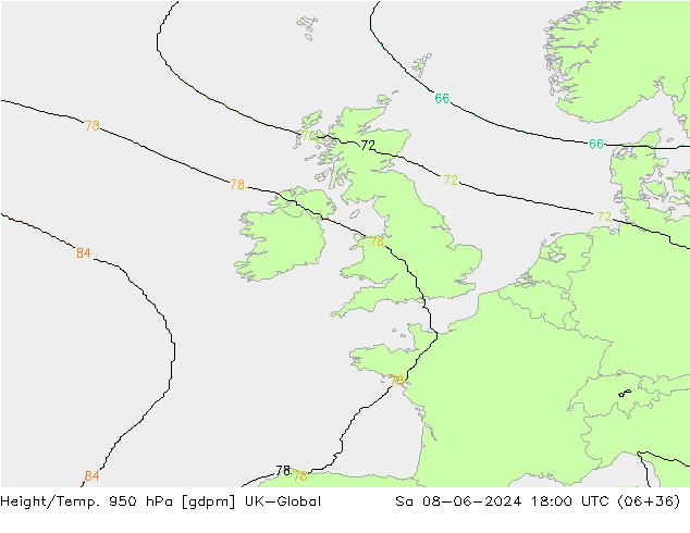 Height/Temp. 950 hPa UK-Global So 08.06.2024 18 UTC