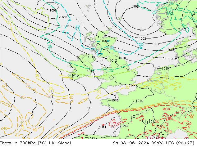 Theta-e 700hPa UK-Global Sa 08.06.2024 09 UTC