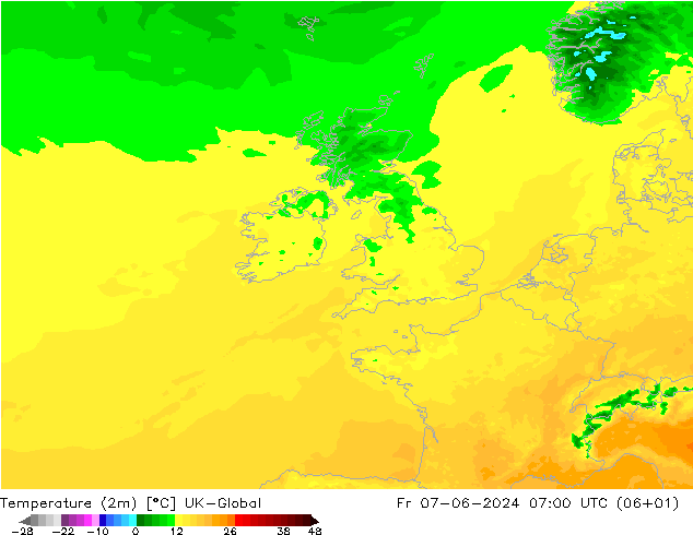 Temperatura (2m) UK-Global vie 07.06.2024 07 UTC