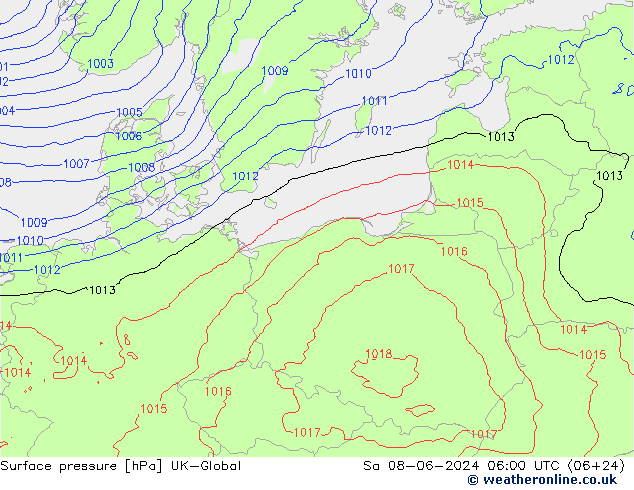 Atmosférický tlak UK-Global So 08.06.2024 06 UTC