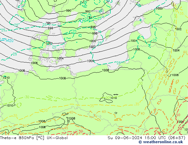 Theta-e 850hPa UK-Global  09.06.2024 15 UTC