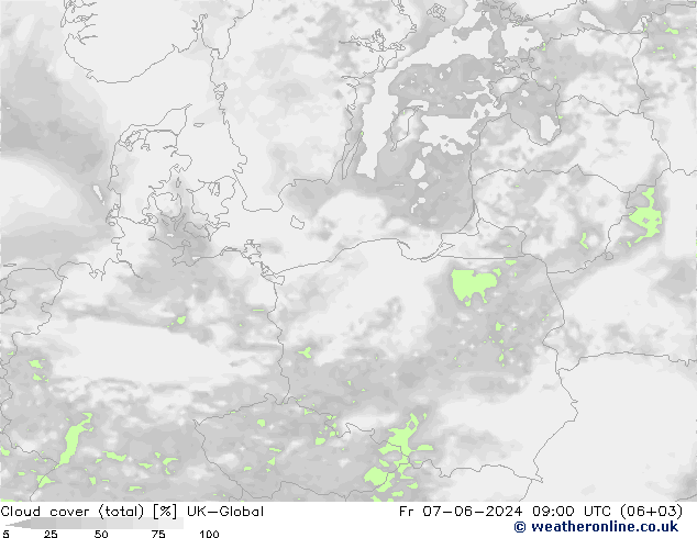 Cloud cover (total) UK-Global Fr 07.06.2024 09 UTC