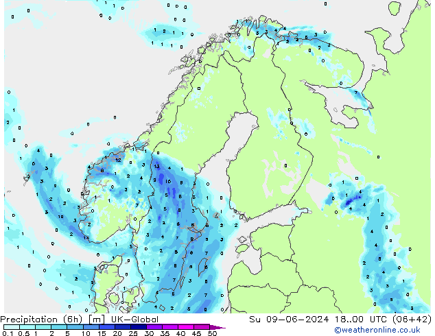 Precipitación (6h) UK-Global dom 09.06.2024 00 UTC