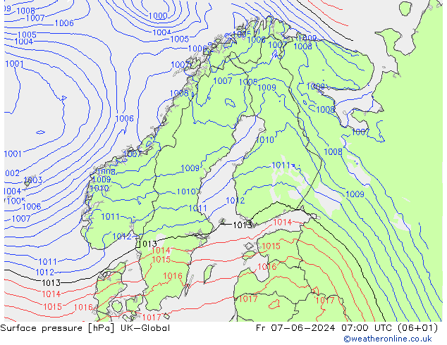 Atmosférický tlak UK-Global Pá 07.06.2024 07 UTC