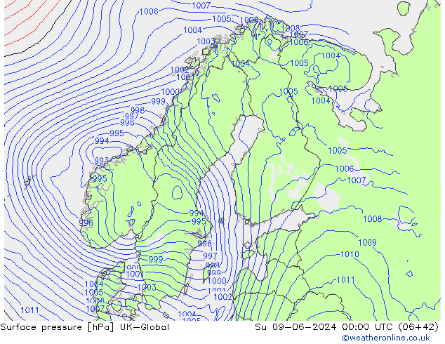 Surface pressure UK-Global Su 09.06.2024 00 UTC