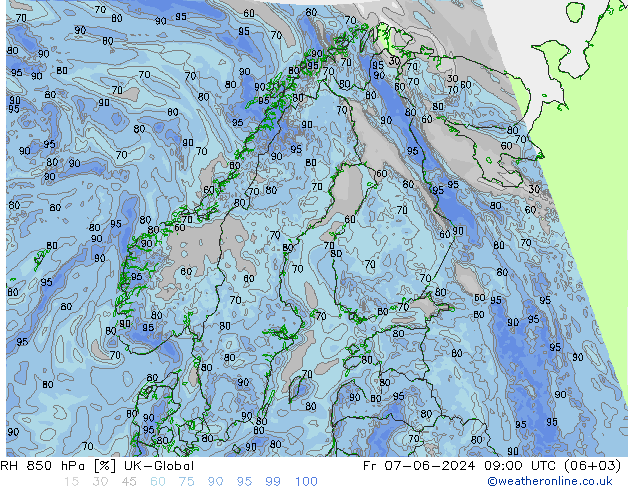 RH 850 hPa UK-Global Fr 07.06.2024 09 UTC