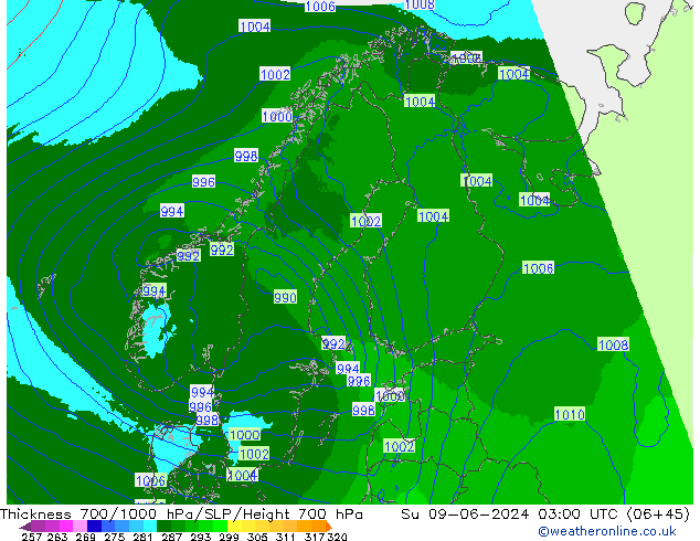 Thck 700-1000 hPa UK-Global Ne 09.06.2024 03 UTC