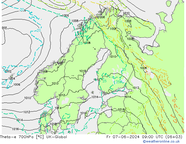 Theta-e 700hPa UK-Global Fr 07.06.2024 09 UTC