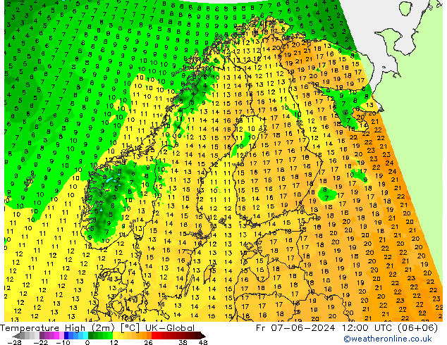 Temperature High (2m) UK-Global Fr 07.06.2024 12 UTC