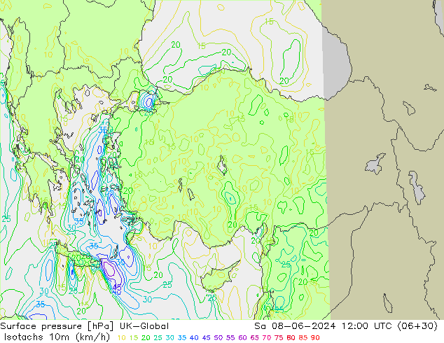 Isotachen (km/h) UK-Global za 08.06.2024 12 UTC