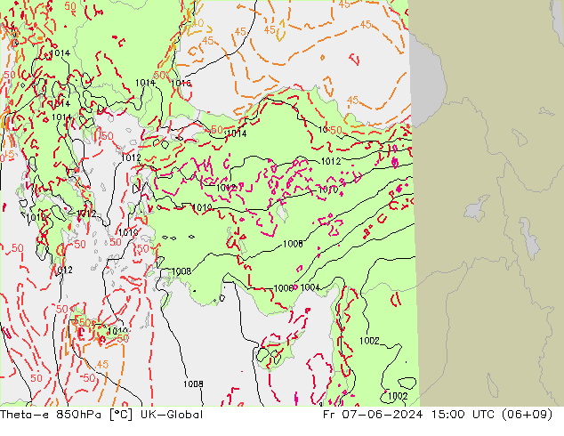 Theta-e 850hPa UK-Global Fr 07.06.2024 15 UTC