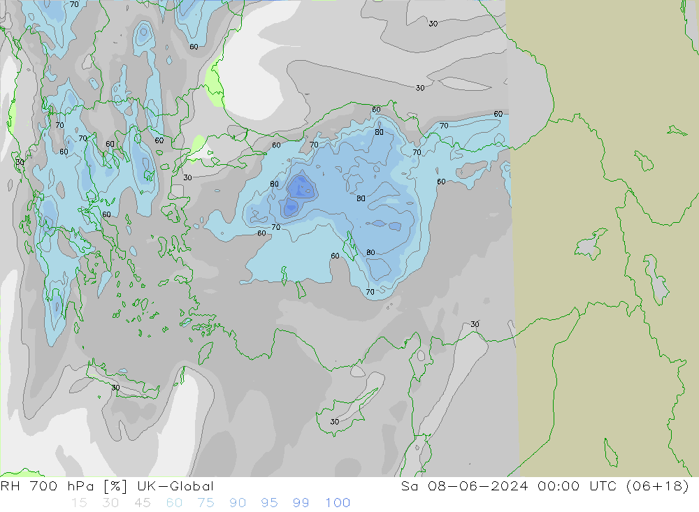 Humedad rel. 700hPa UK-Global sáb 08.06.2024 00 UTC