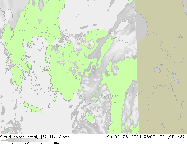 Cloud cover (total) UK-Global Su 09.06.2024 03 UTC