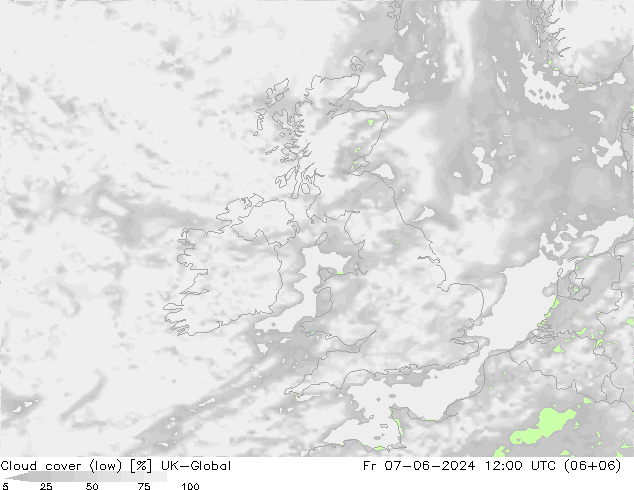 Cloud cover (low) UK-Global Fr 07.06.2024 12 UTC