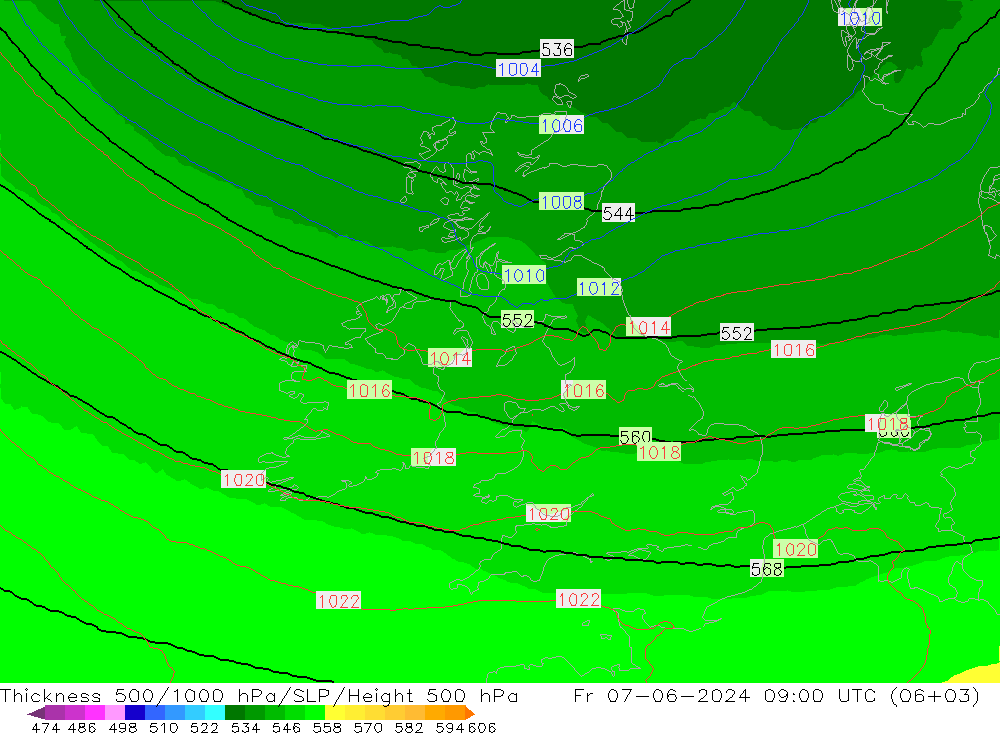 Espesor 500-1000 hPa UK-Global vie 07.06.2024 09 UTC