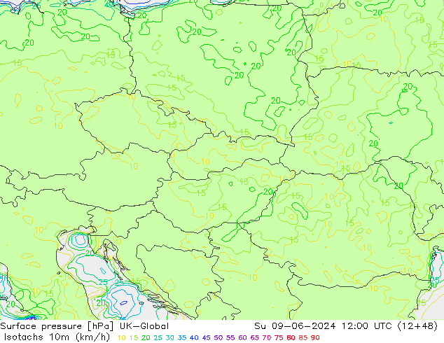 Isotachen (km/h) UK-Global So 09.06.2024 12 UTC