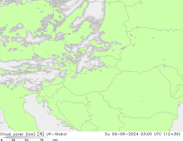 Cloud cover (low) UK-Global Su 09.06.2024 03 UTC