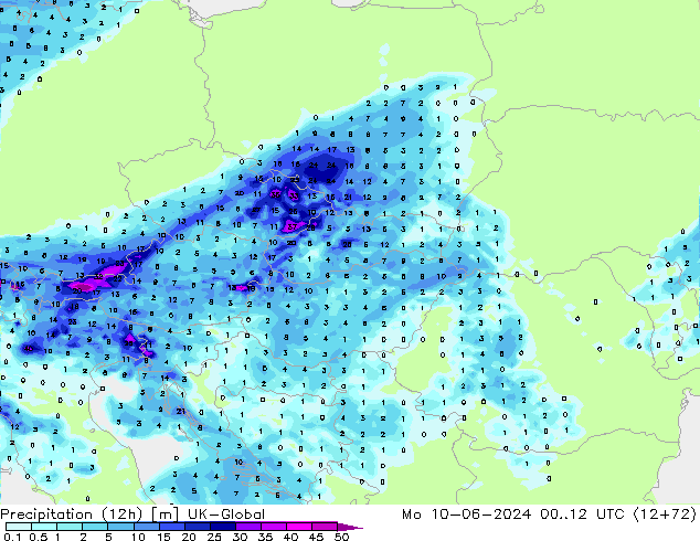 Totale neerslag (12h) UK-Global ma 10.06.2024 12 UTC