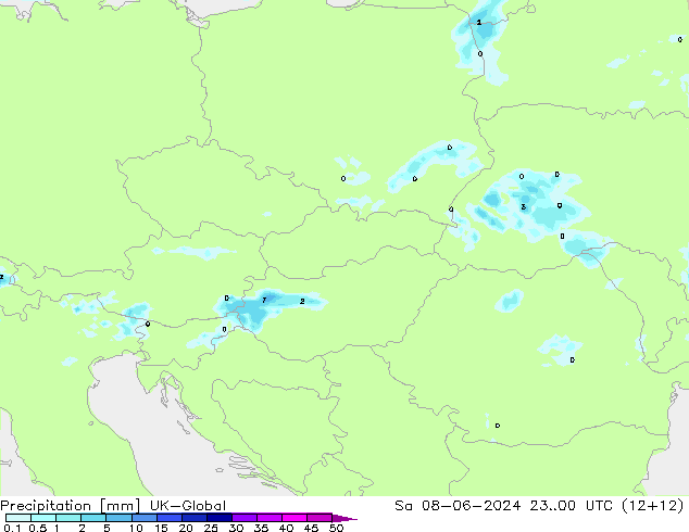 Precipitazione UK-Global sab 08.06.2024 00 UTC