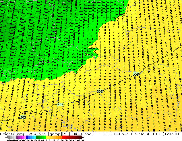 Height/Temp. 700 hPa UK-Global  11.06.2024 06 UTC