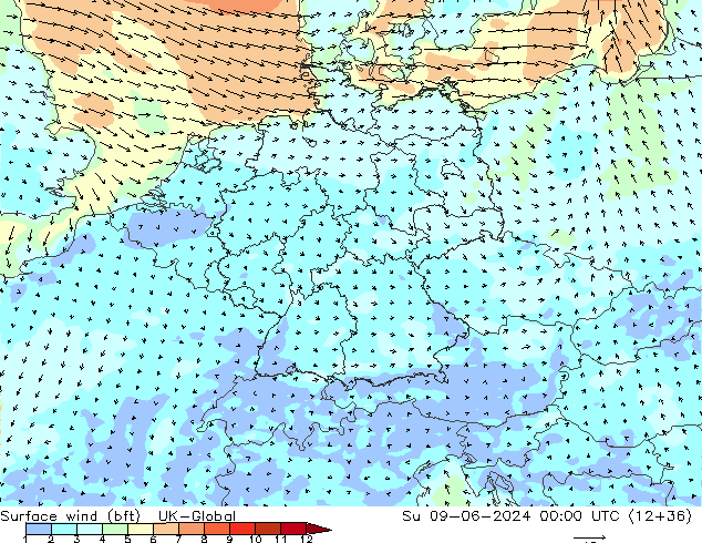 Surface wind (bft) UK-Global Su 09.06.2024 00 UTC