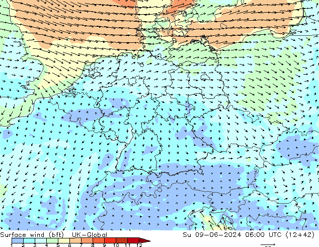 Surface wind (bft) UK-Global Su 09.06.2024 06 UTC