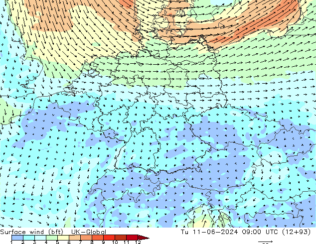 Surface wind (bft) UK-Global Tu 11.06.2024 09 UTC