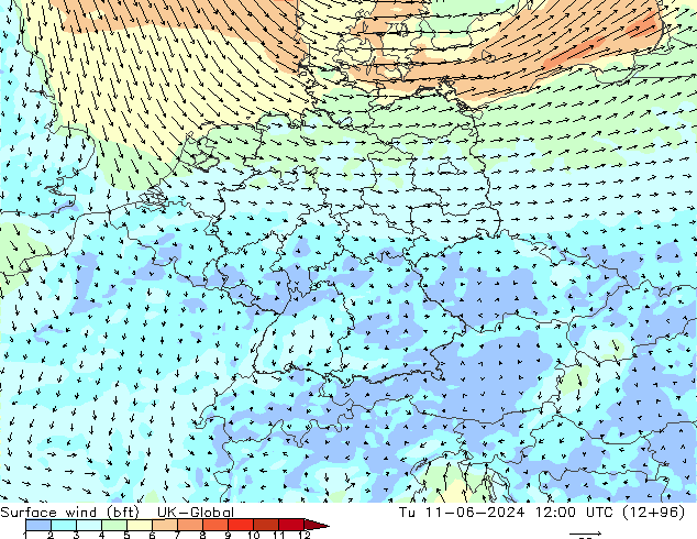 Bodenwind (bft) UK-Global Di 11.06.2024 12 UTC