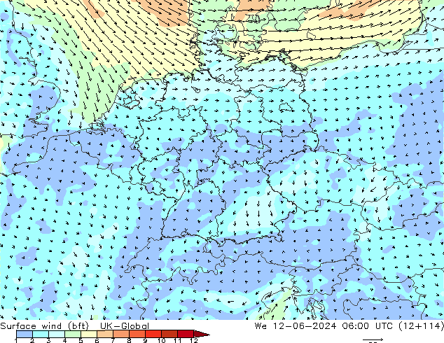 Vent 10 m (bft) UK-Global mer 12.06.2024 06 UTC