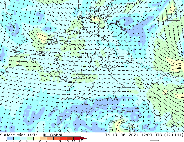 Surface wind (bft) UK-Global Th 13.06.2024 12 UTC