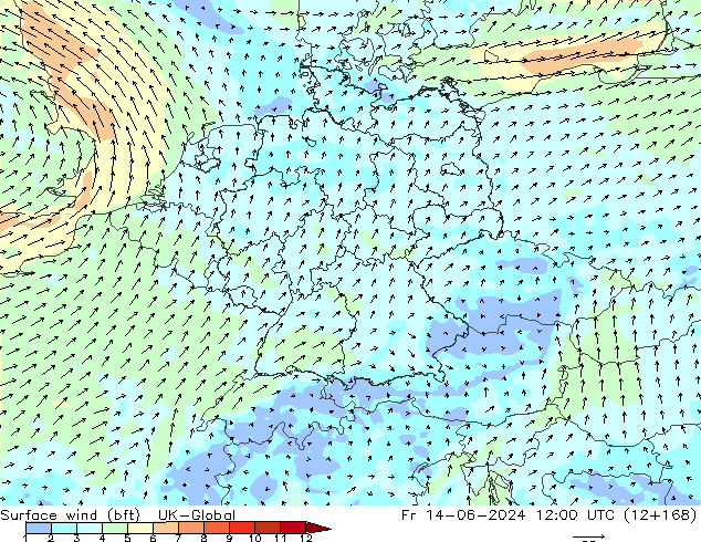 Surface wind (bft) UK-Global Fr 14.06.2024 12 UTC