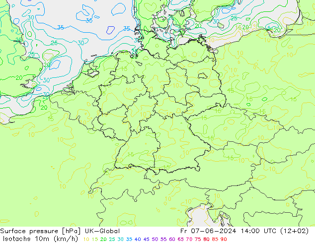 Isotachs (kph) UK-Global Fr 07.06.2024 14 UTC