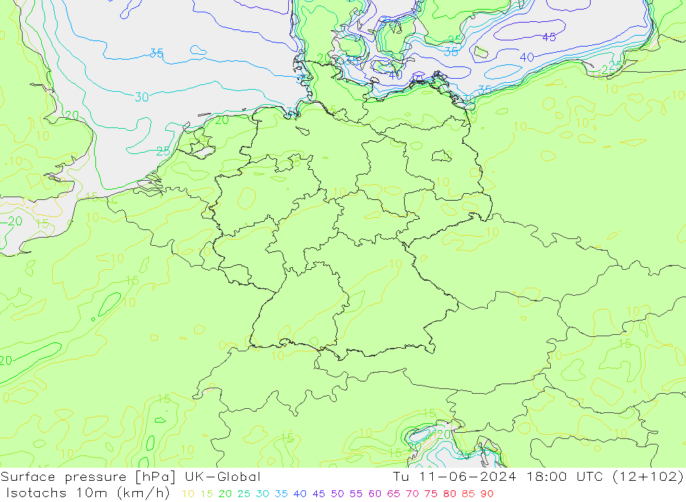 Isotachs (kph) UK-Global Tu 11.06.2024 18 UTC