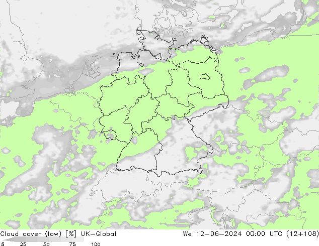 Cloud cover (low) UK-Global We 12.06.2024 00 UTC