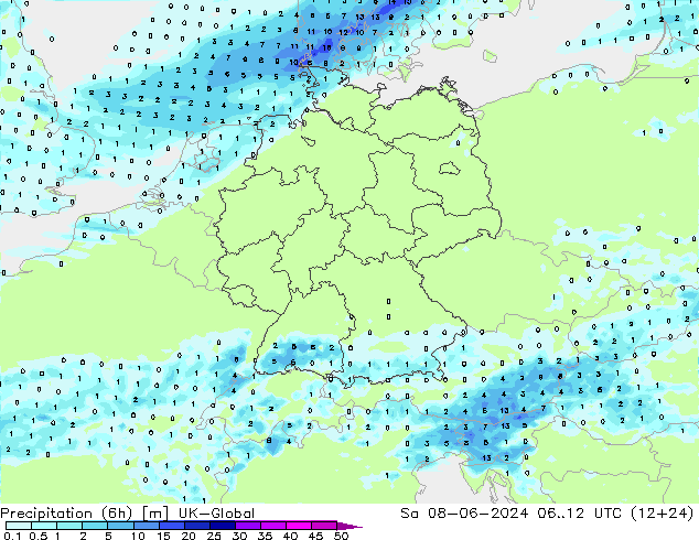 Precipitation (6h) UK-Global So 08.06.2024 12 UTC