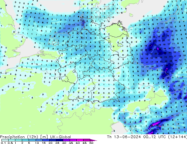 Totale neerslag (12h) UK-Global do 13.06.2024 12 UTC