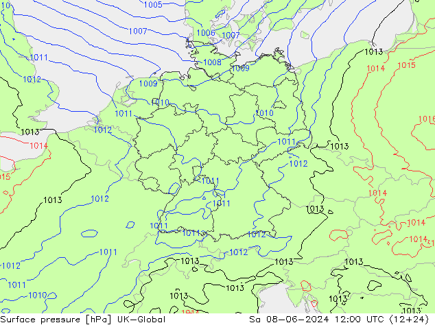 Pressione al suolo UK-Global sab 08.06.2024 12 UTC