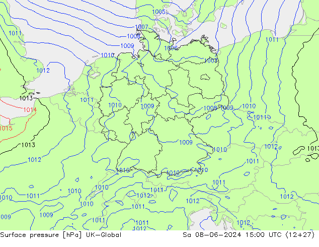 Pressione al suolo UK-Global sab 08.06.2024 15 UTC