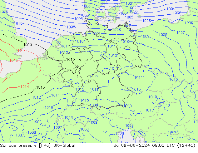 Pressione al suolo UK-Global dom 09.06.2024 09 UTC