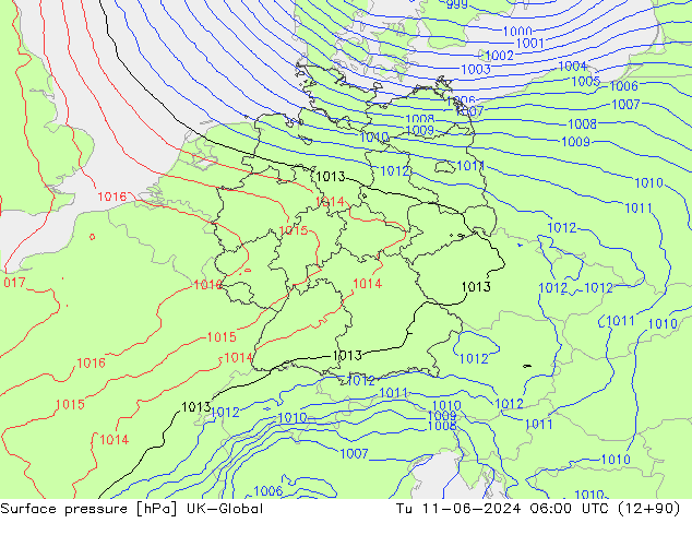 Surface pressure UK-Global Tu 11.06.2024 06 UTC