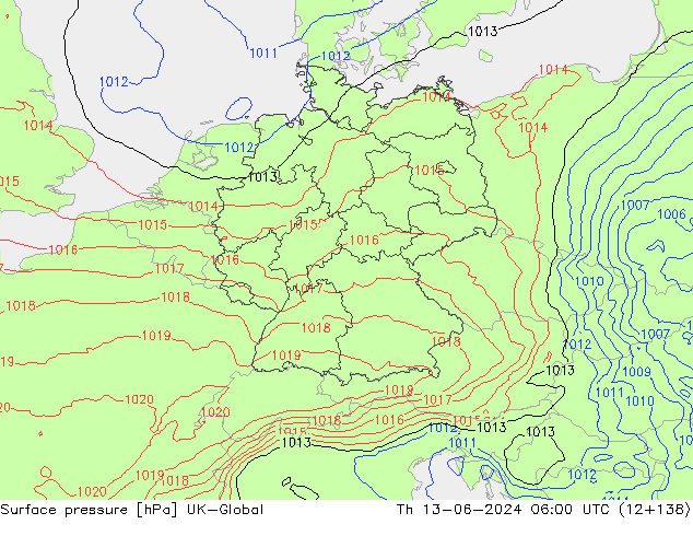 Presión superficial UK-Global jue 13.06.2024 06 UTC