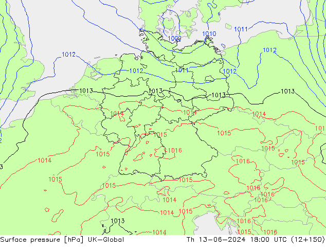 Surface pressure UK-Global Th 13.06.2024 18 UTC