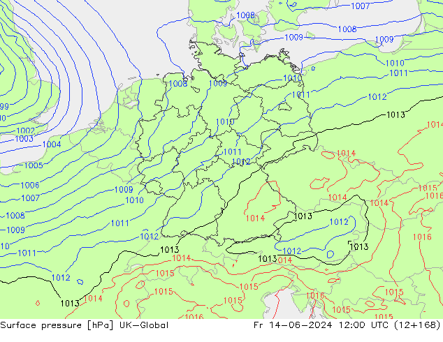 Pressione al suolo UK-Global ven 14.06.2024 12 UTC