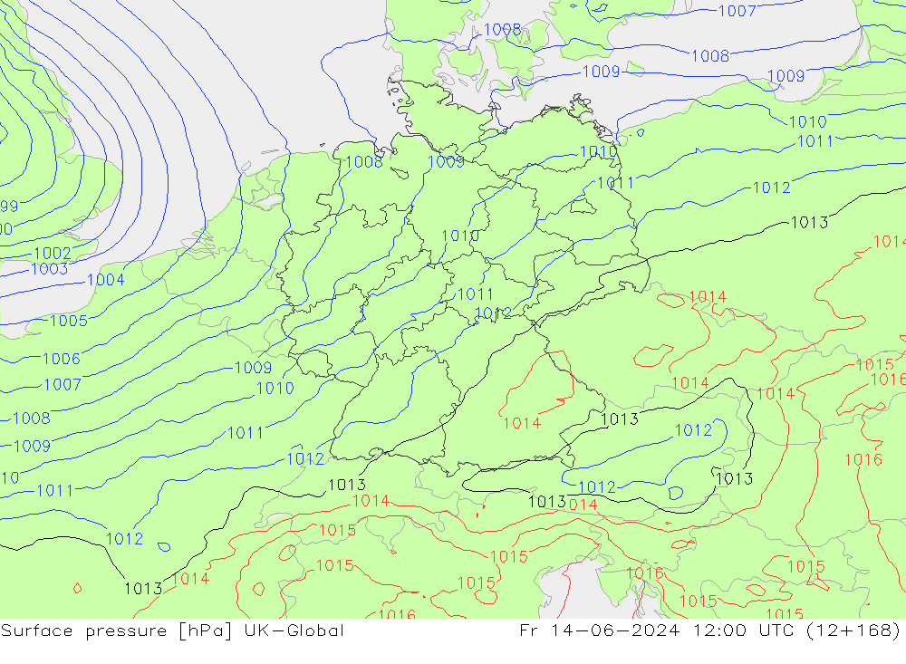 Luchtdruk (Grond) UK-Global vr 14.06.2024 12 UTC