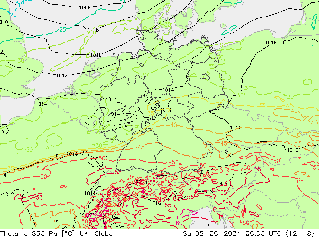 Theta-e 850hPa UK-Global Sa 08.06.2024 06 UTC
