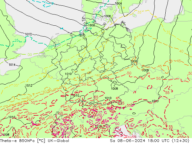 Theta-e 850hPa UK-Global Sa 08.06.2024 18 UTC